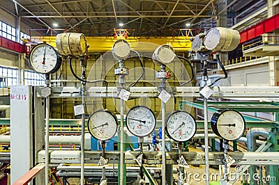 Sensors and devices indicating the parameters of hot water in the heating system of a large house Stock Photo