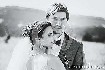 Sensual Black and white portrait of bride and groom Stock Photo