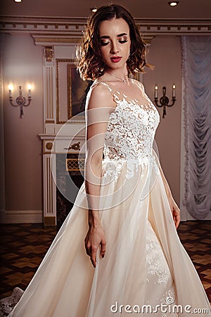 Sensual brunette bride in luxury wedding dress over classic interior Stock Photo