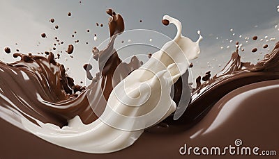 Milk and chocolate splash abstract smooth shapes with 3D illustration, 3d realistic Cartoon Illustration