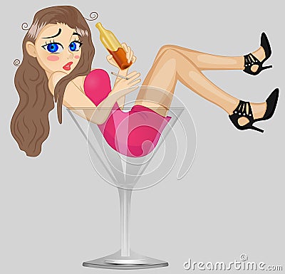 Sensual elegant glamour young drunk woman. Attractive drunk woman is lying in a giant glass. Sad Girl Suffering Of Hangover. Funny Vector Illustration