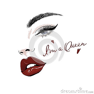 Sensual face with red juicy lips and eye Vector Illustration