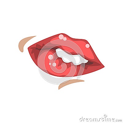 Sensual female mouth biting red lower lip, emotional lips of young woman vector Illustration on a white background Vector Illustration