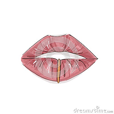 Sensual lips with gold piercing illustration. Female mouth print. Cool vector pierced lips. Glamour rose lipstic Vector Illustration