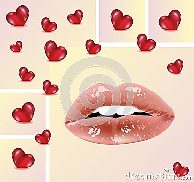 Sensual lips and a lot of hearts. Stock Photo