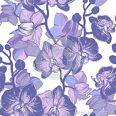 Orchid Flowers in Trendy Very Peri Halftones Seamless Pattern. Vector Illustration