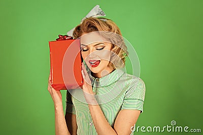 Sensual woman. cyber Monday, retro woman with present Stock Photo