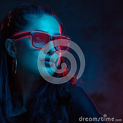 Sensual woman in neon glasses portrait Stock Photo