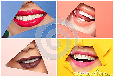 Sensual women with different color lipsticks, closeup. Stock Photo
