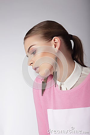 Sentimental Dreamy Woman in Pink Blouse Stock Photo