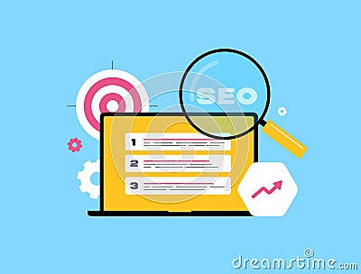 SEO analytics with keyword research. SEO ranking, technical optimization, performance monitoring and web traffic. Search Vector Illustration