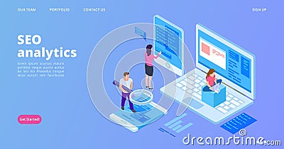 SEO analytics landing page. Isometric SEO optimization vector concept. Analyst service web page template Vector Illustration