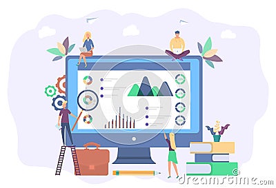 SEO analytics. Search engine optimization analysis concept. IT professionals work with analytic web pages with graphs. Colorful Stock Photo
