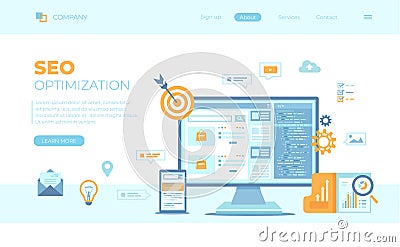 SEO concept, Search Engine Optimization, Web analytics. Monitor and phone with search results website on the screens. Vector Illustration