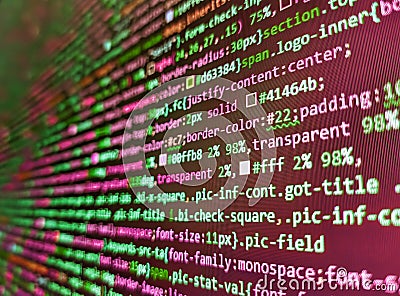 SEO concepts for better SERP. New technology revolution. Web developer HTML code with CSS on screen. Laptop screen show abstract Stock Photo