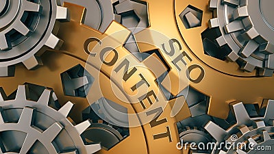 SEO content concept. Gold and silver gear wheel background illustration. 3d Cartoon Illustration