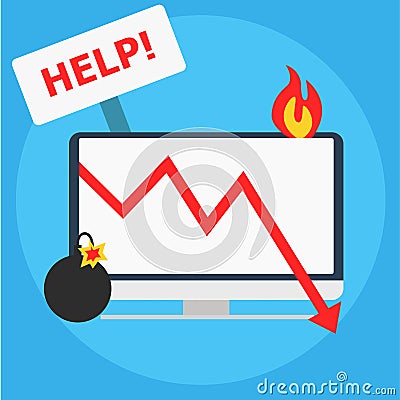 Seo crisis management. Computer is on fire, bomb, table Help. illustration Cartoon Illustration