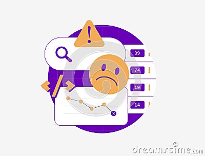 SEO Error with website seo failure, poor search engine ranking. Keyword optimization, duplicate content, slow site speed Vector Illustration