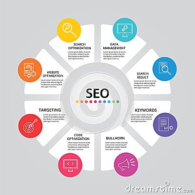 Seo Infographics vector design. Timeline concept include search optimization, data management, search result icons. Can be used Stock Photo