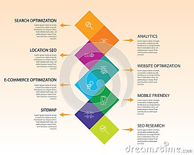 Seo Infographics vector design. Timeline concept include search optimization, data management, search result icons. Can be used Stock Photo