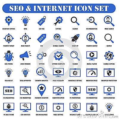 SEO and Internet icon set black and blue series Vector Illustration