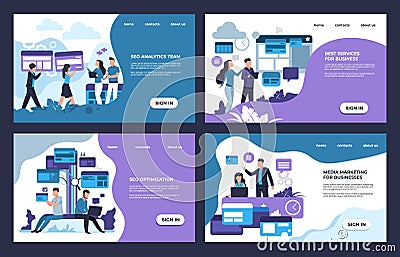 SEO landing page. Internet analytic, business and online marketing web site template. Vector banners with cartoon Vector Illustration