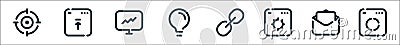 Seo line icons. linear set. quality vector line set such as analytics, mail, web optimization, link, idea, statistics, upload Vector Illustration