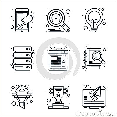 seo line icons. linear set. quality vector line set such as reader, award, funnel, study, bookmark, hosting, idea, speedometer Vector Illustration