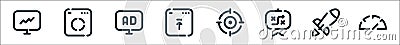 Seo line icons. linear set. quality vector line set such as speedometer, rocket, strategy, target, upload, advertising, analytics Vector Illustration