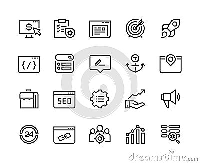 SEO line icons. Web business trend network analysis media target strategy website analytic. Search engine optimization Vector Illustration