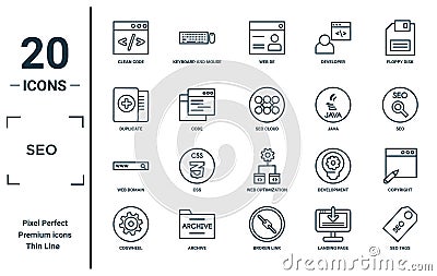 seo linear icon set. includes thin line clean code, duplicate, web domain, cogwheel, seo tags, seo cloud, copyright icons for Vector Illustration