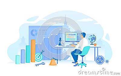 SEO manager search, analyzes and selects keywords, optimizes content. SEO management, keywording, content marketing, site analytic Vector Illustration