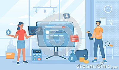 SEO marketing budget. Calculation of costs for website promotion. Digital marketing investment. Flat cartoon vector illustration Vector Illustration