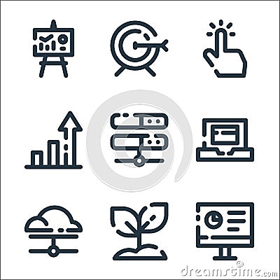 Seo marketing line icons. linear set. quality vector line set such as report, tree, server, laptop, server, chart, touch, goal Vector Illustration