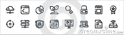 Seo marketing line icons. linear set. quality vector line set such as server, laptop, website, scope, ssd, chart, key, programming Vector Illustration