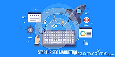 Startup business, search engine optimization, startup seo, growth hacking, boost startup concept. Flat design vector banner. Vector Illustration