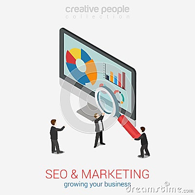 SEO marketing website analytics report flat 3d web isometric Vector Illustration