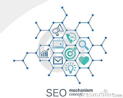 SEO mechanism concept. Abstract background with integrated gears and icons for strategy, digital, internet, network Vector Illustration