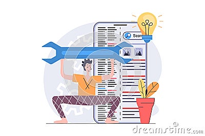 SEO optimization concept in modern flat design for web. Man analyzing search data, improving page traffic, brainstorming Vector Illustration