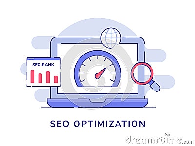 Seo optimization concept spedometer on display laptop screen around magnifier white isolation background with dash line style Cartoon Illustration