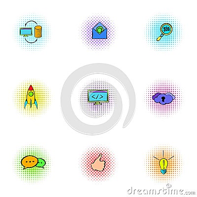 SEO optimization icons set, pop-art style Vector Illustration