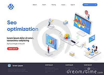 Seo optimization isometric landing page design. Vector Illustration