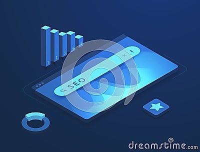 SEO optimization strategy concept. Analyze traffic, rank, and optimize website. Leverage search bars, ratings, charts Vector Illustration