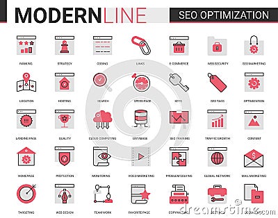 Seo optimization technology vector flat line icon set. Linear tech analytics website symbols for internet optimizing Vector Illustration