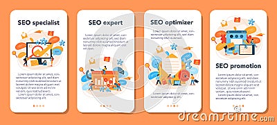 SEO optimizer mobile application banner set. Idea of search engine optimization Vector Illustration