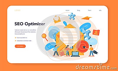 SEO optimizer web banner or landing page. Idea of search engine optimization Vector Illustration
