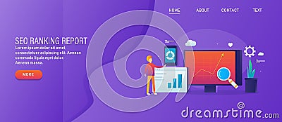 Seo ranking report, digital marketing data analysis, man interacting with business statistic, web banner. Vector Illustration