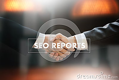 SEO REPORTS Concept Business team hands at work with financial r Stock Photo