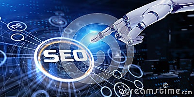 SEO Search engine optimisation digital marketing concept. 3d render robot pressing button Stock Photo