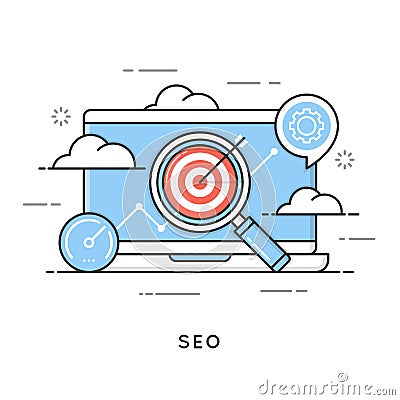 SEO, search engine optimization, content marketing, web analytics. Vector Illustration